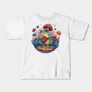 Cottagecore aesthetic cute frog playing ukelele on Mushroom Kids T-Shirt